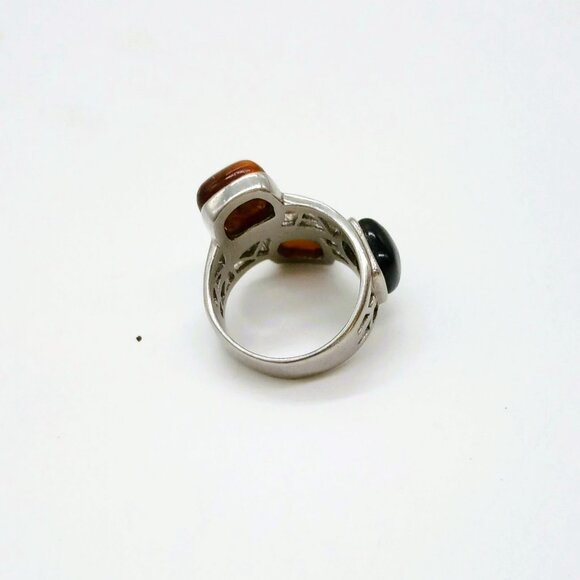 Stainless Steel 3 Stone Ring 9.25 Open Work Tiger Eye Black Onyx - Picture 6 of 8
